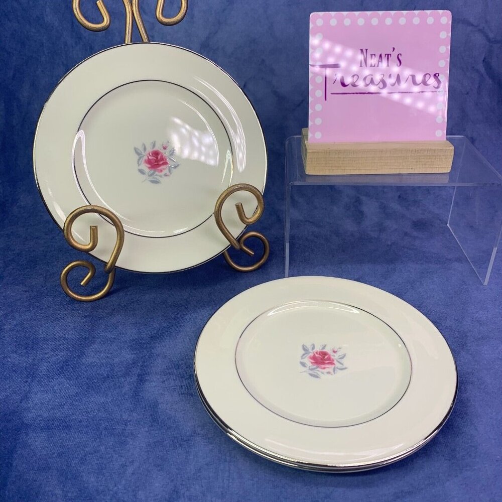 Flintridge China DELROSE Pink Rose Gray Leaves Platinum Trim Bread Plates Set 3